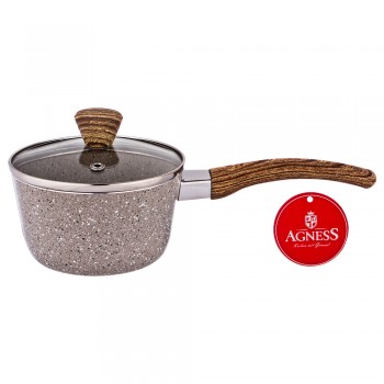 КОВШИК AGNESS "АРКТИК" АНТИП. ПОКР. РУЧКА SOFT TOUCH  И СТЕКЛ. КРЫШКОЙ 600 МЛ 12*6 СМ